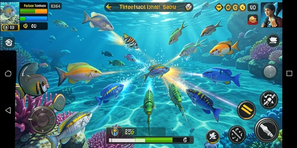 Screenshot menunjukkan gameplay Tembak Ikan yang seru dengan grafis menarik.