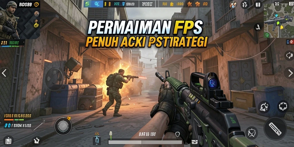 Screenshot utama BOS88 menampilkan aksi mendebarkan dalam pertempuran FPS.