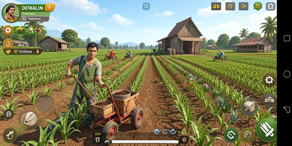 Tampilan gameplay <strong>DEWALIN</strong> yang menampilkan lahan pertanian yang subur.