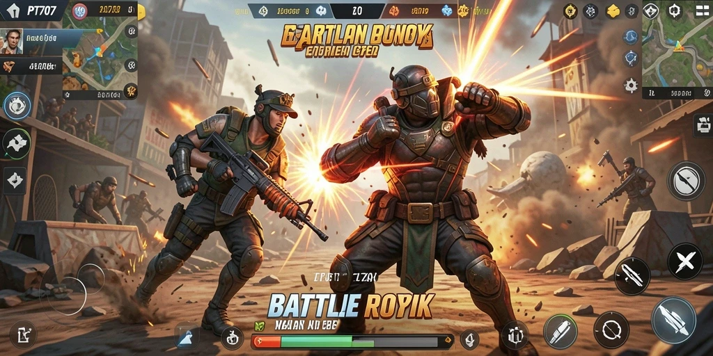 Gameplay PT707 menampilkan pertarungan seru di pulau yang luas.