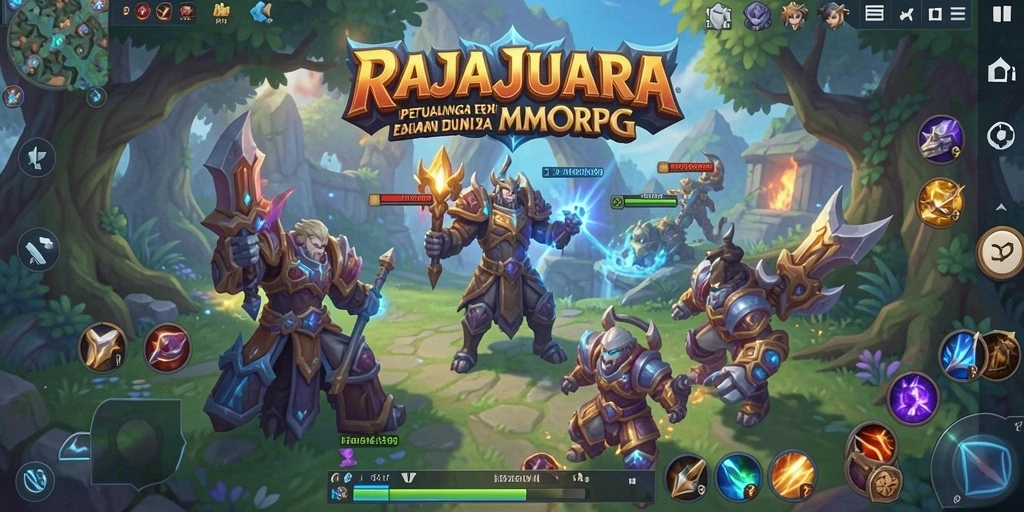 Screenshot gameplay RAJAJUARA menampilkan pertempuran epik antara pahlawan dan monster.
