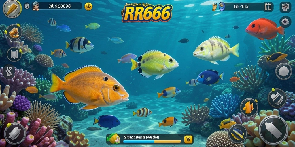 Tampilan gameplay RR666 dengan aksi menembak ikan yang seru.