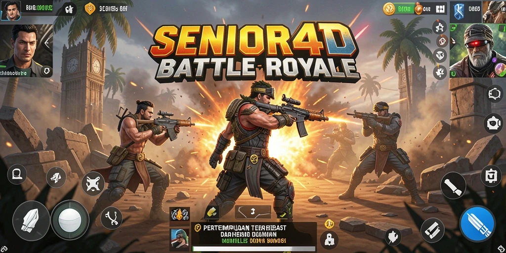 Gameplay SENIOR4D dengan aksi dan strategi Battle Royale.
