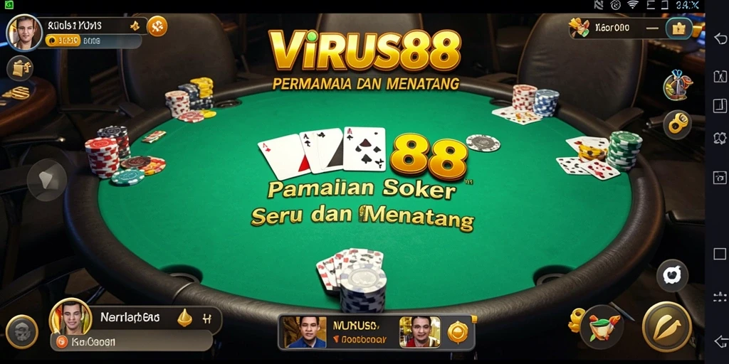 Screenshot utama VIRUS88 menampilkan momen mendebarkan di meja poker.